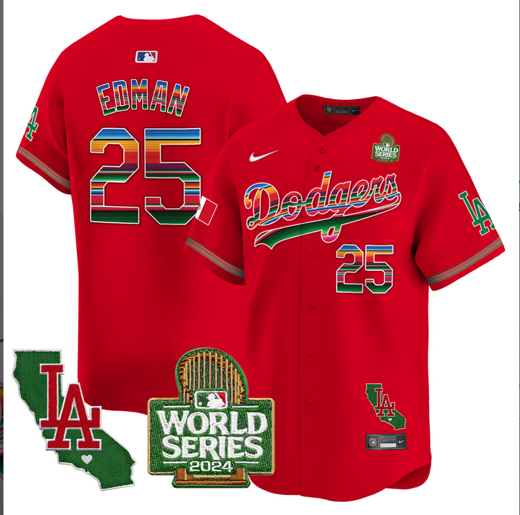 Men MLB Mexico Los Angeles Dodgers #25 Edman red 2024 World Series Champions Patch Jersey 2024110